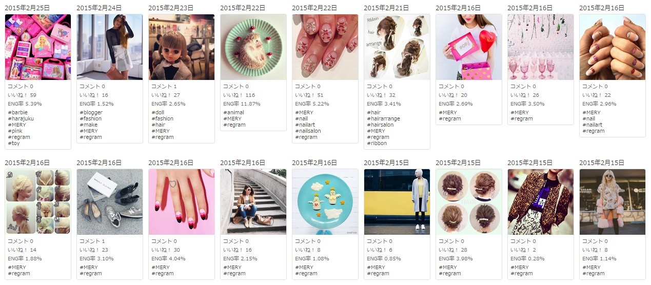 ■2015年2月(初期)■ハッシュタグ数は多くても5個程度で、「nail」「hair」「fashion」のようなファッション関連の名詞の投稿が多く、ユーザーの気持ちを表す表現は